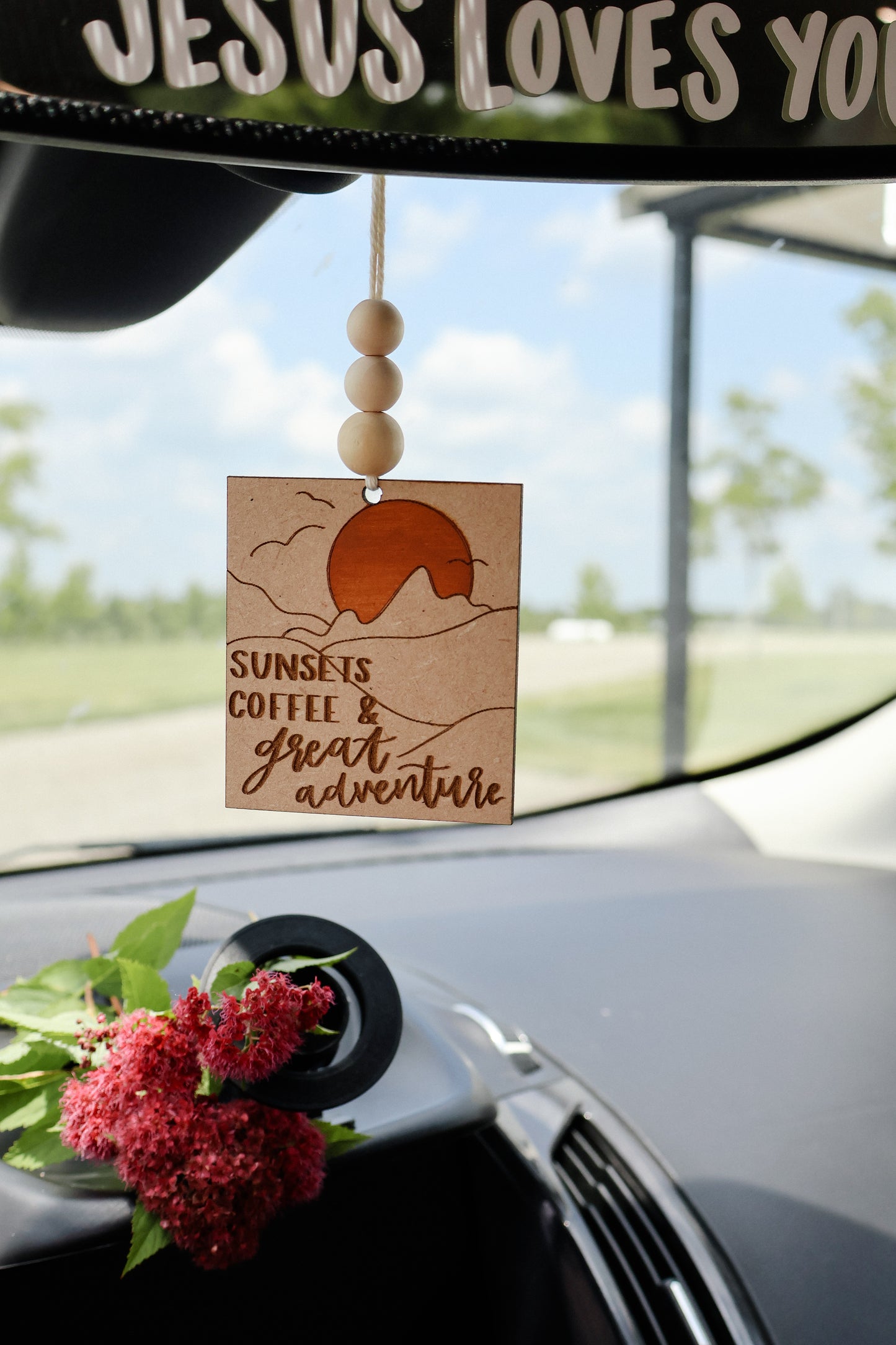 'Sunsets, Coffee and Great Adventure' Car Charm