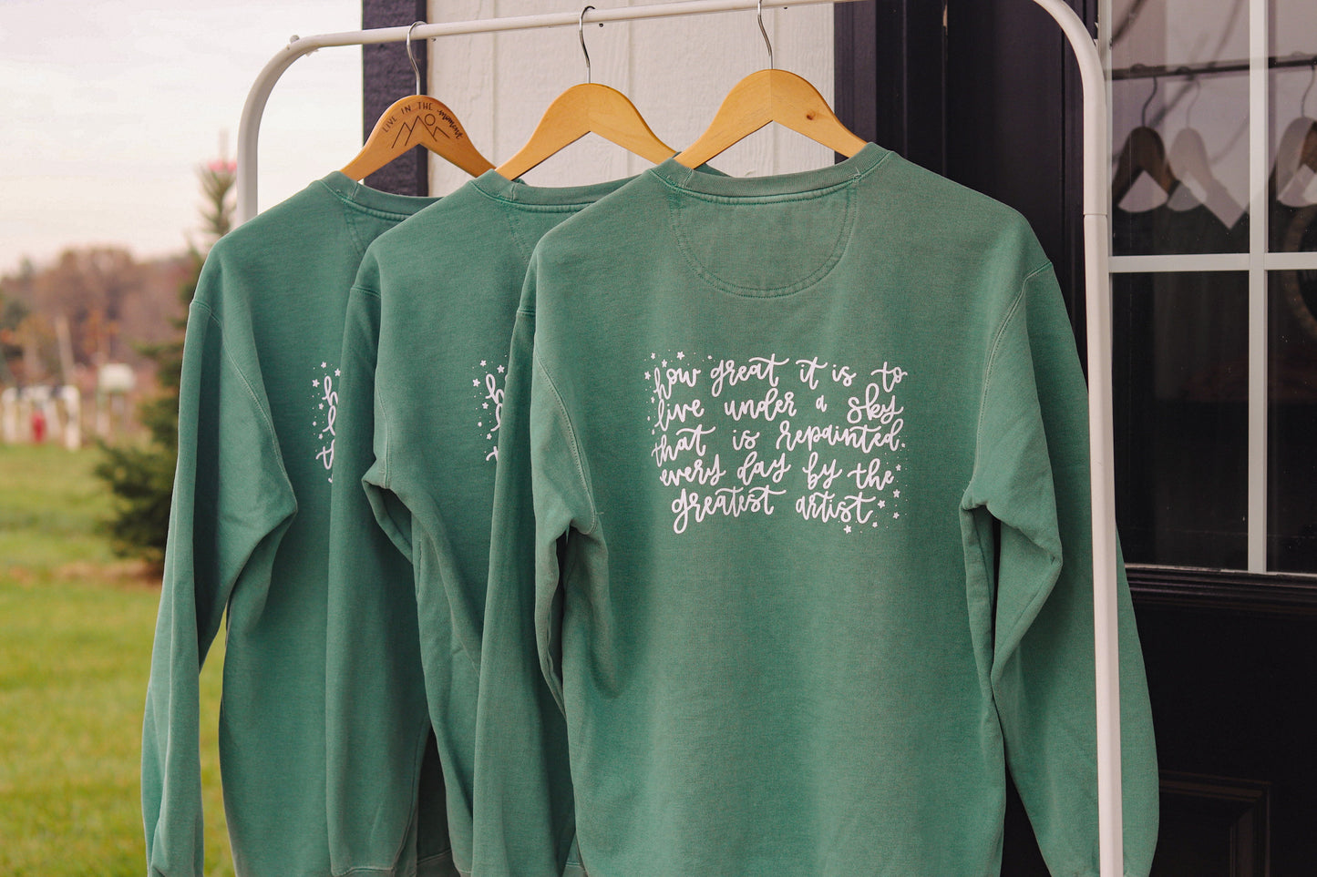 'How great it is to live under a sky..' handlettered crewneck