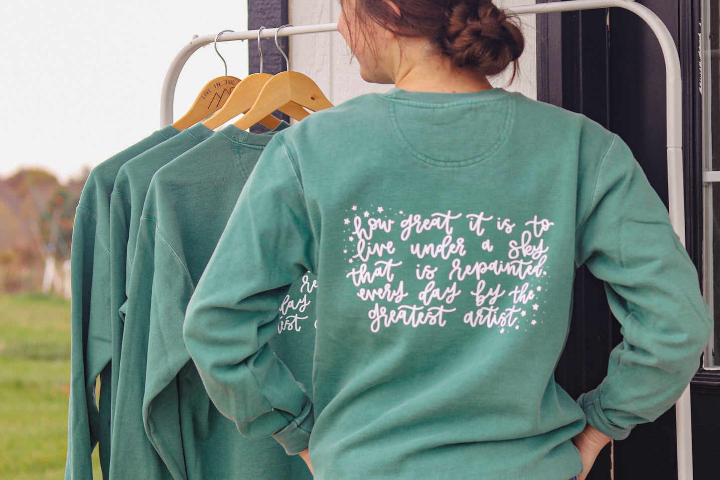 'How great it is to live under a sky..' handlettered crewneck