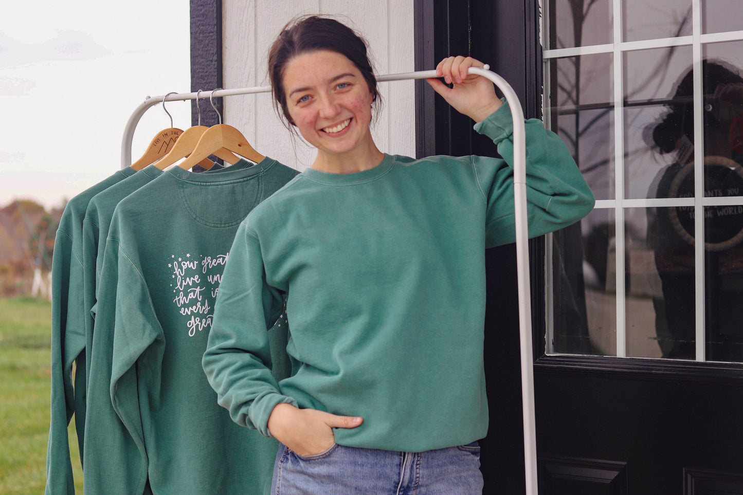 'How great it is to live under a sky..' handlettered crewneck