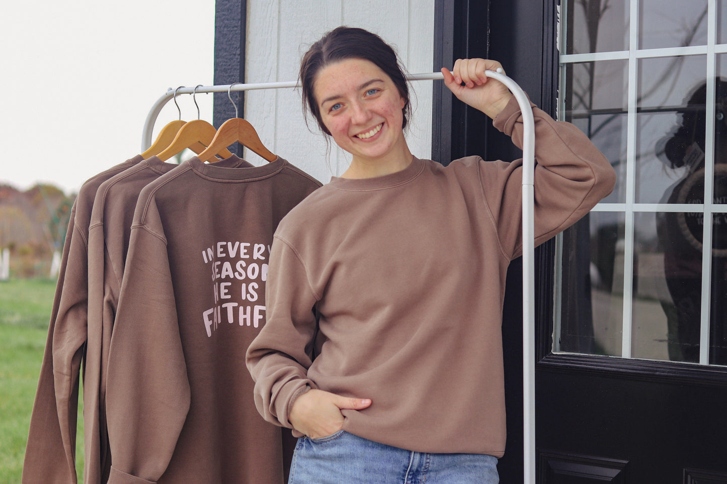'In Every Season He is faithful' handlettered crewneck