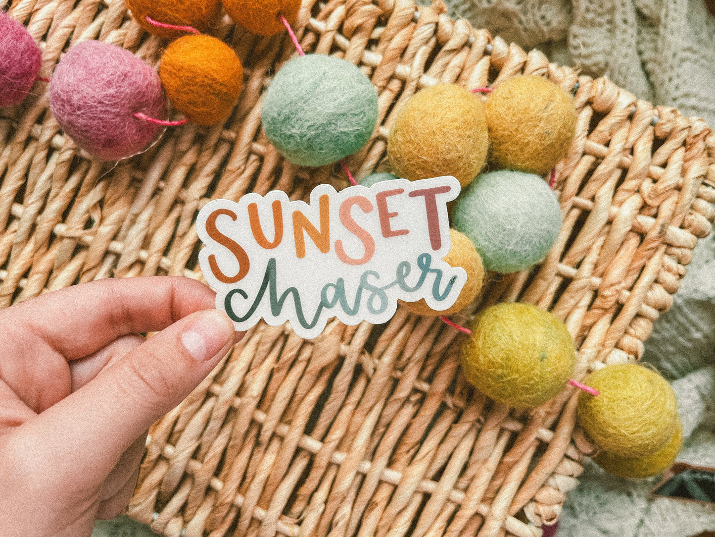 "Sunset Chaser' handlettered clear sticker