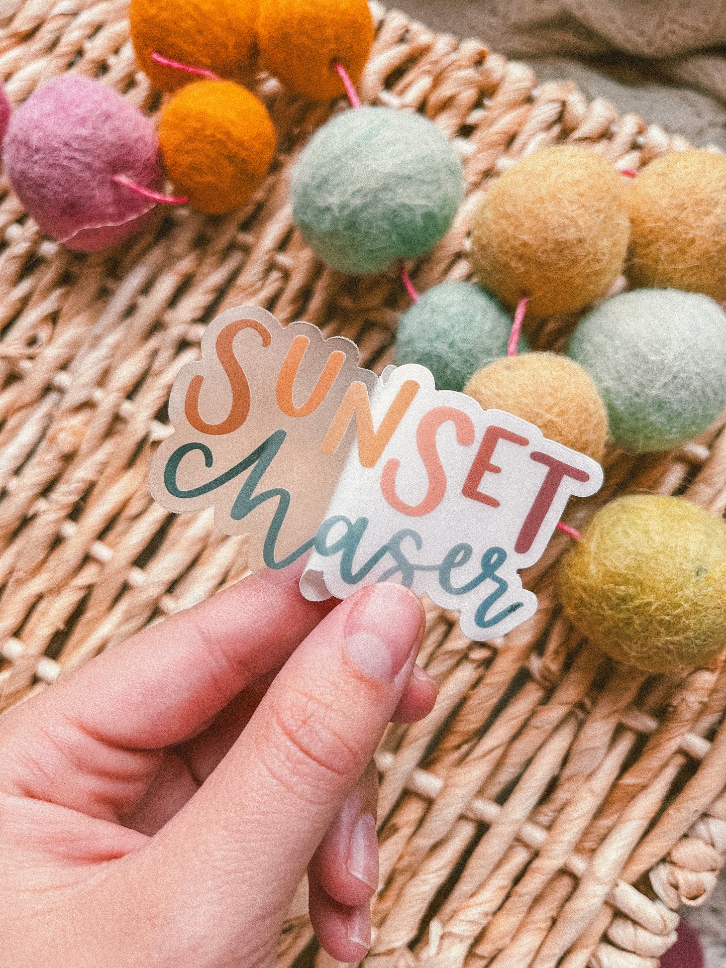 "Sunset Chaser' handlettered clear sticker