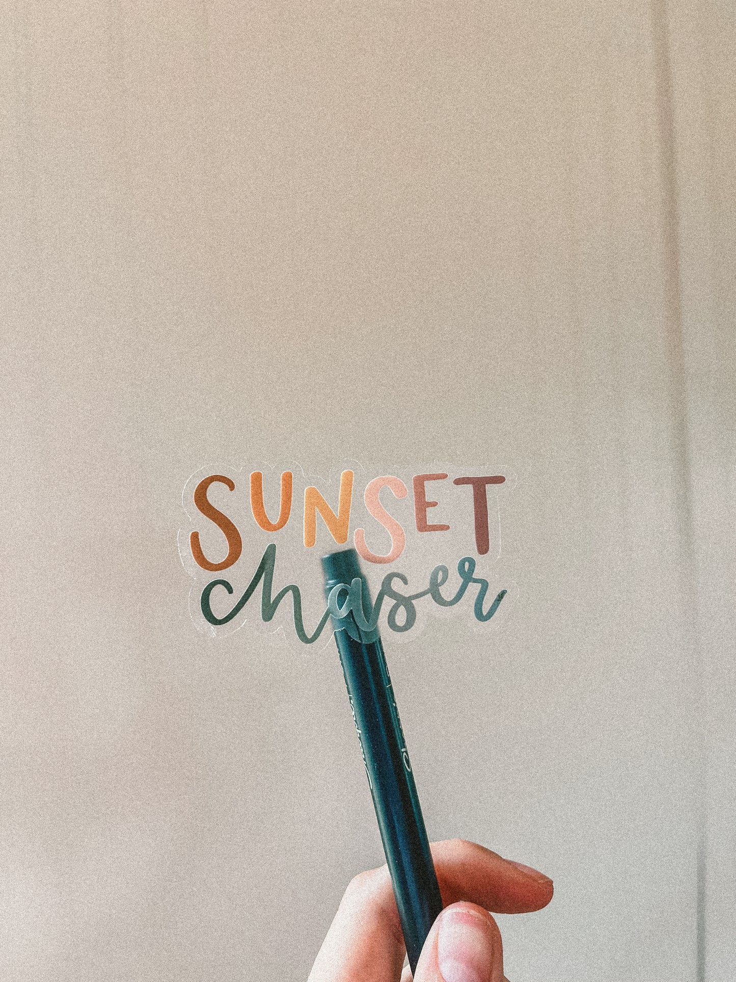 "Sunset Chaser' handlettered clear sticker