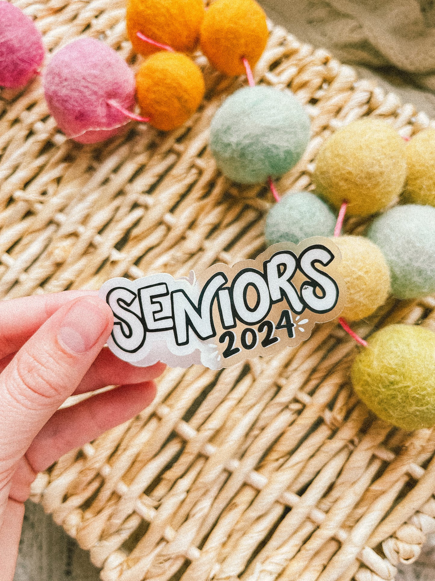 "Seniors 2024' handlettered clear sticker