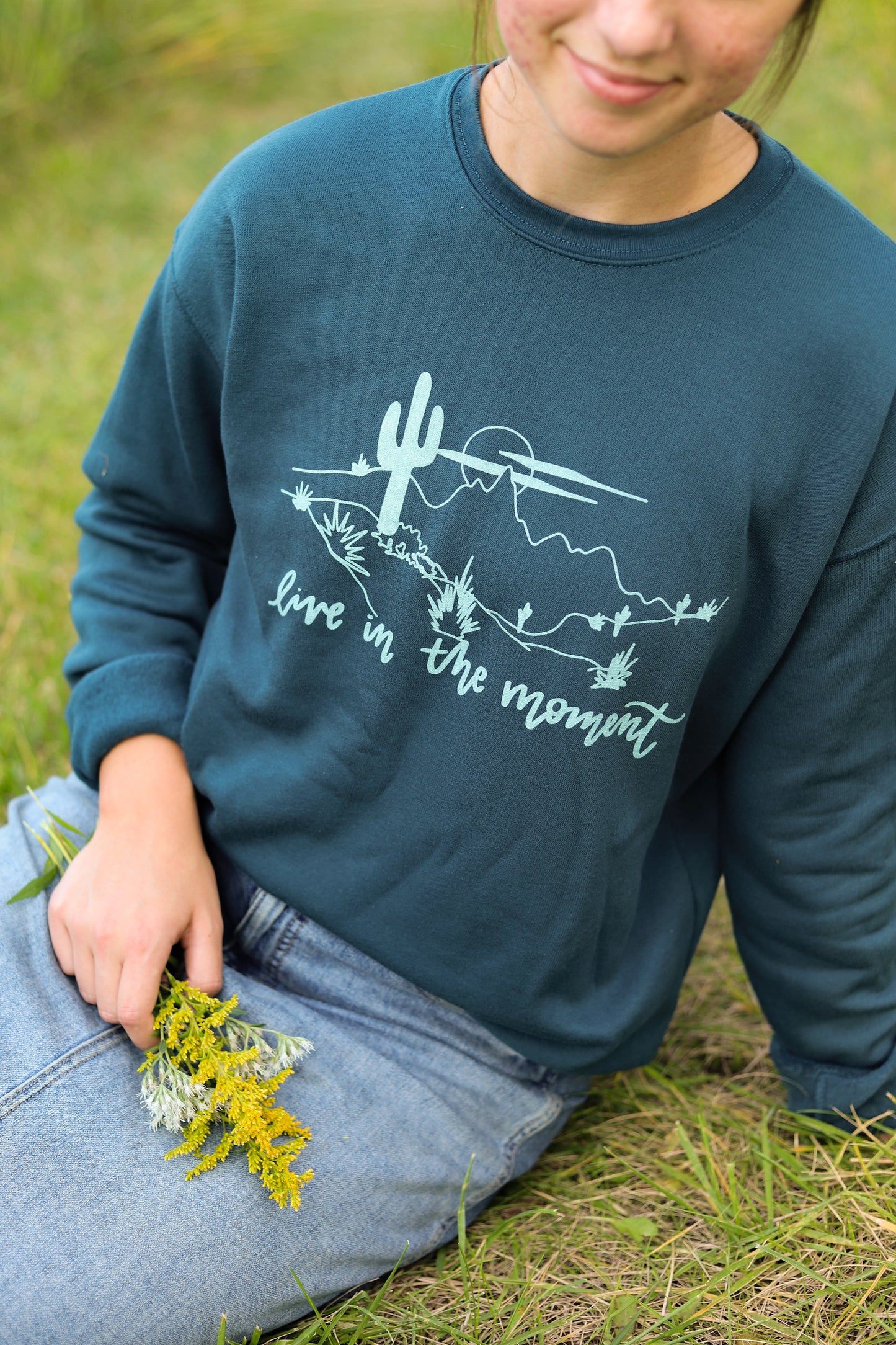 "Live in the moment" handlettered crewneck ATLANTIC