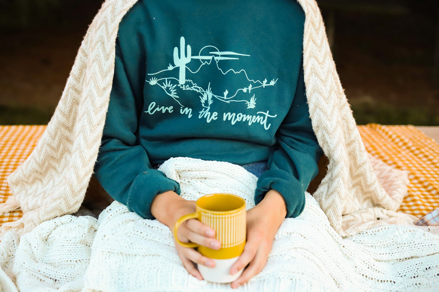 "Live in the moment" handlettered crewneck ATLANTIC