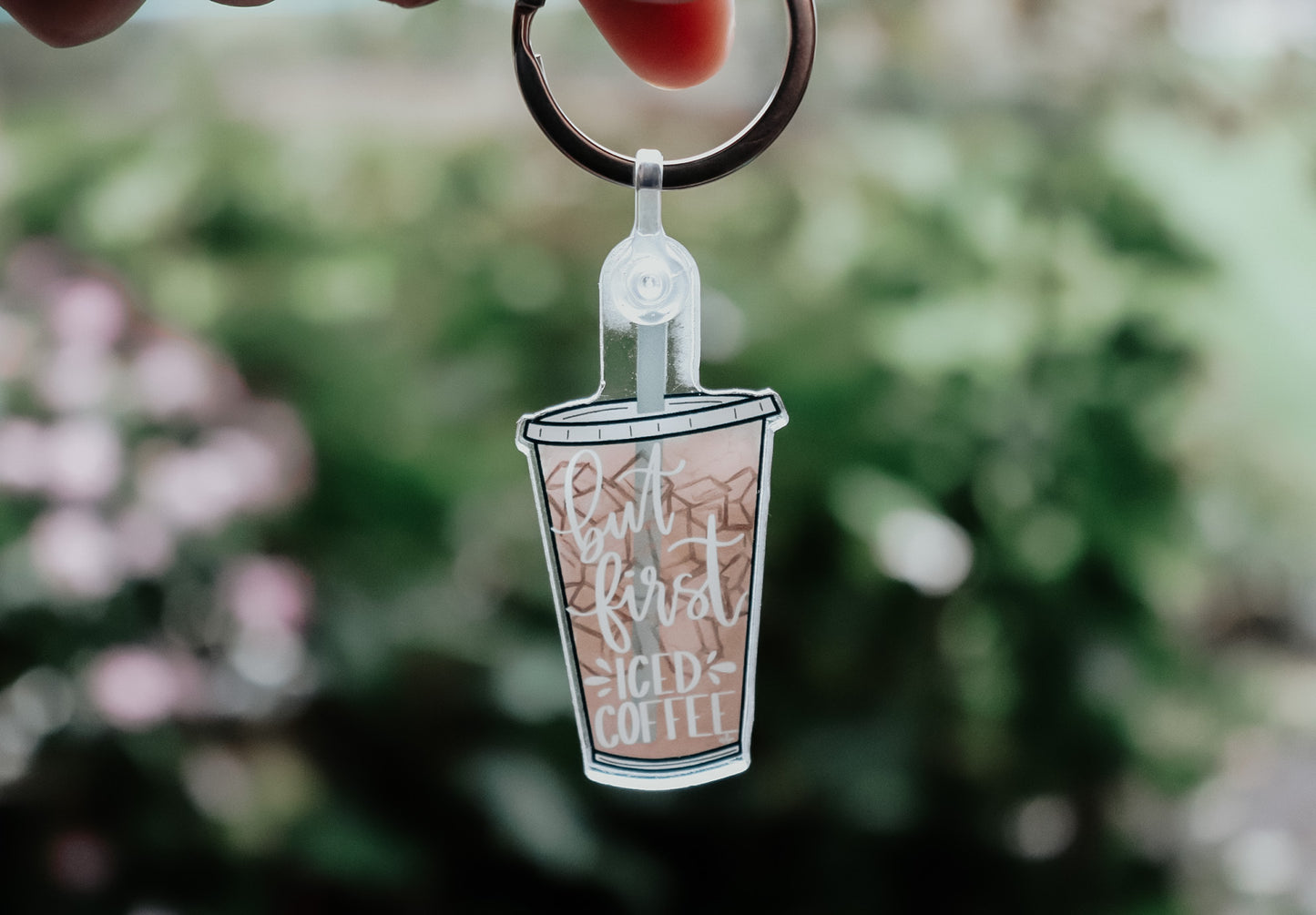 "But first, iced coffee" acrylic keychain