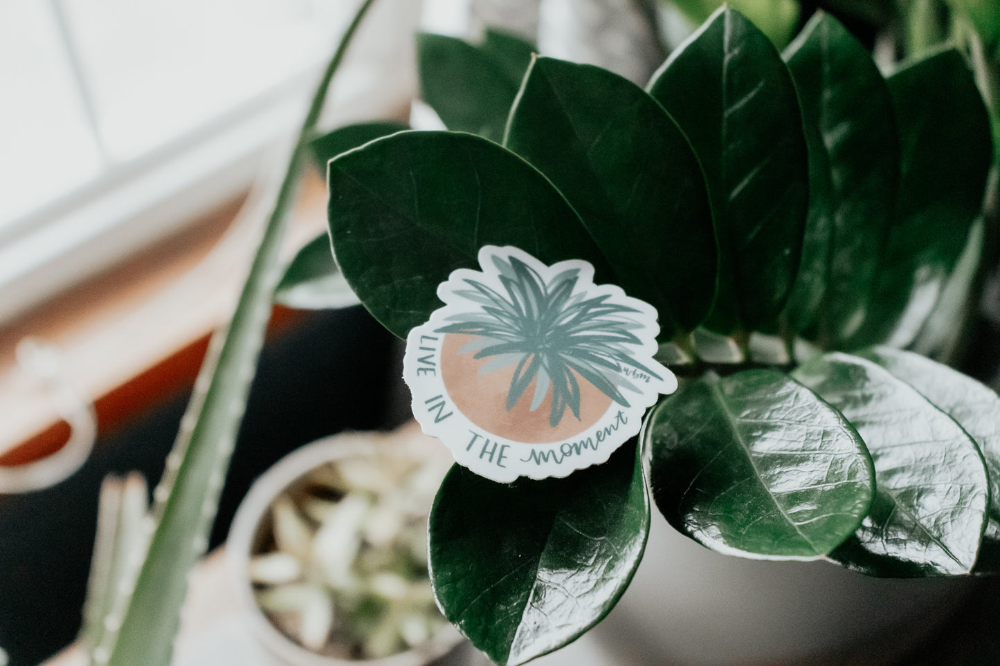 "Live in the moment" 3 x 3 handlettered sticker