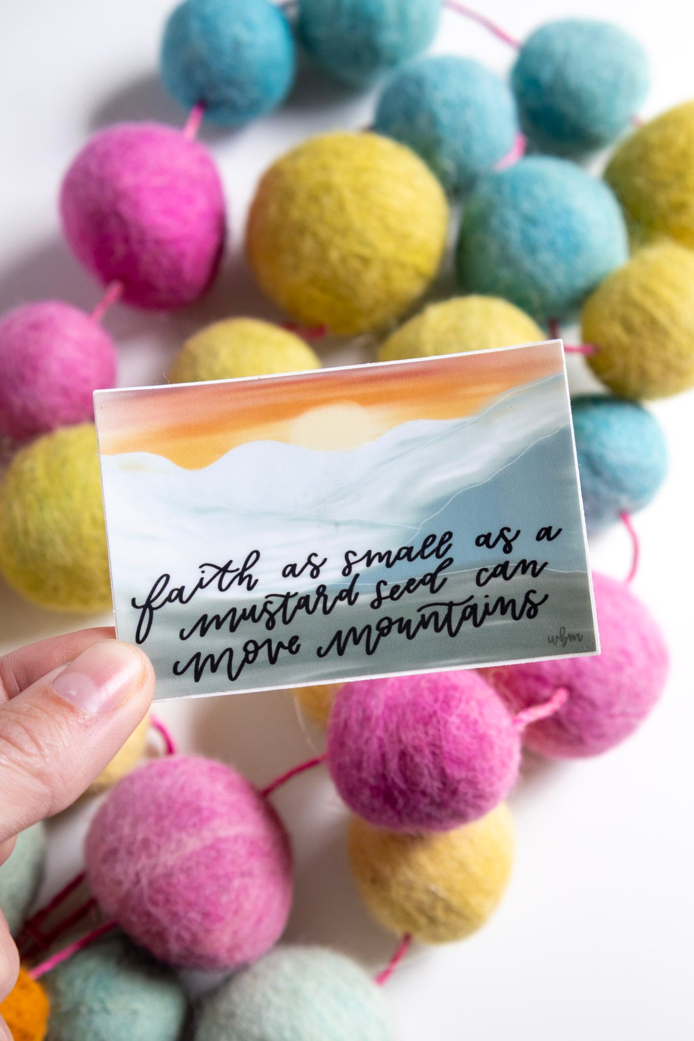 'Faith as small as a mustard seed can move mountains' handlettered sticker