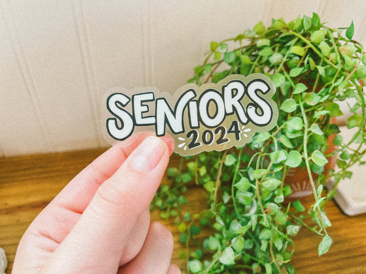 "Seniors 2024' handlettered clear sticker