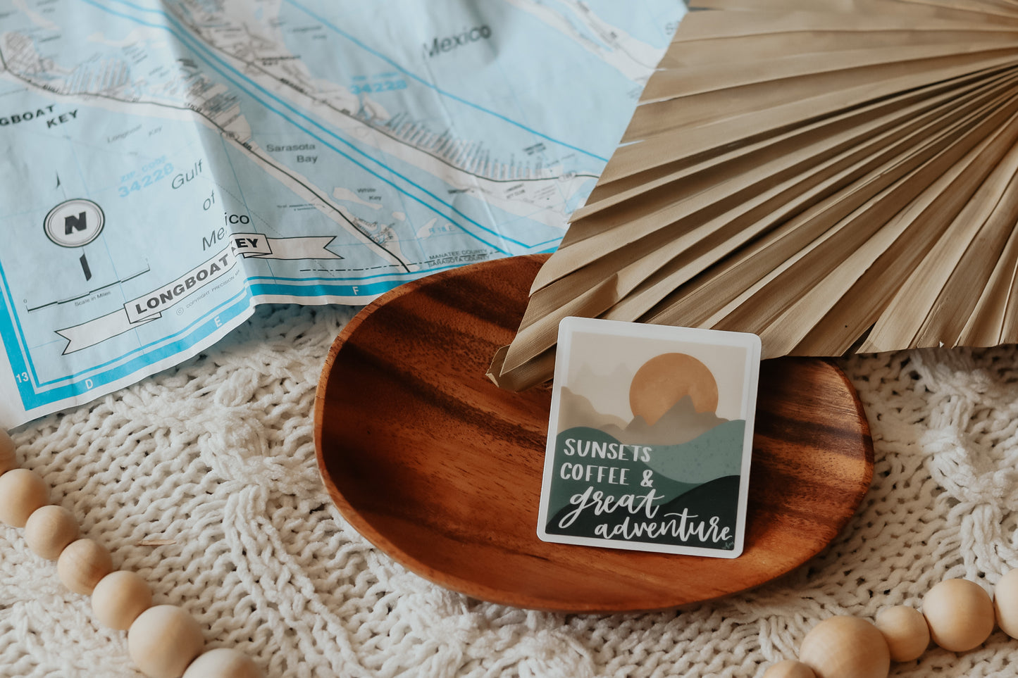"Sunsets, coffee, and great adventure" 3 x 3 handlettered clear sticker
