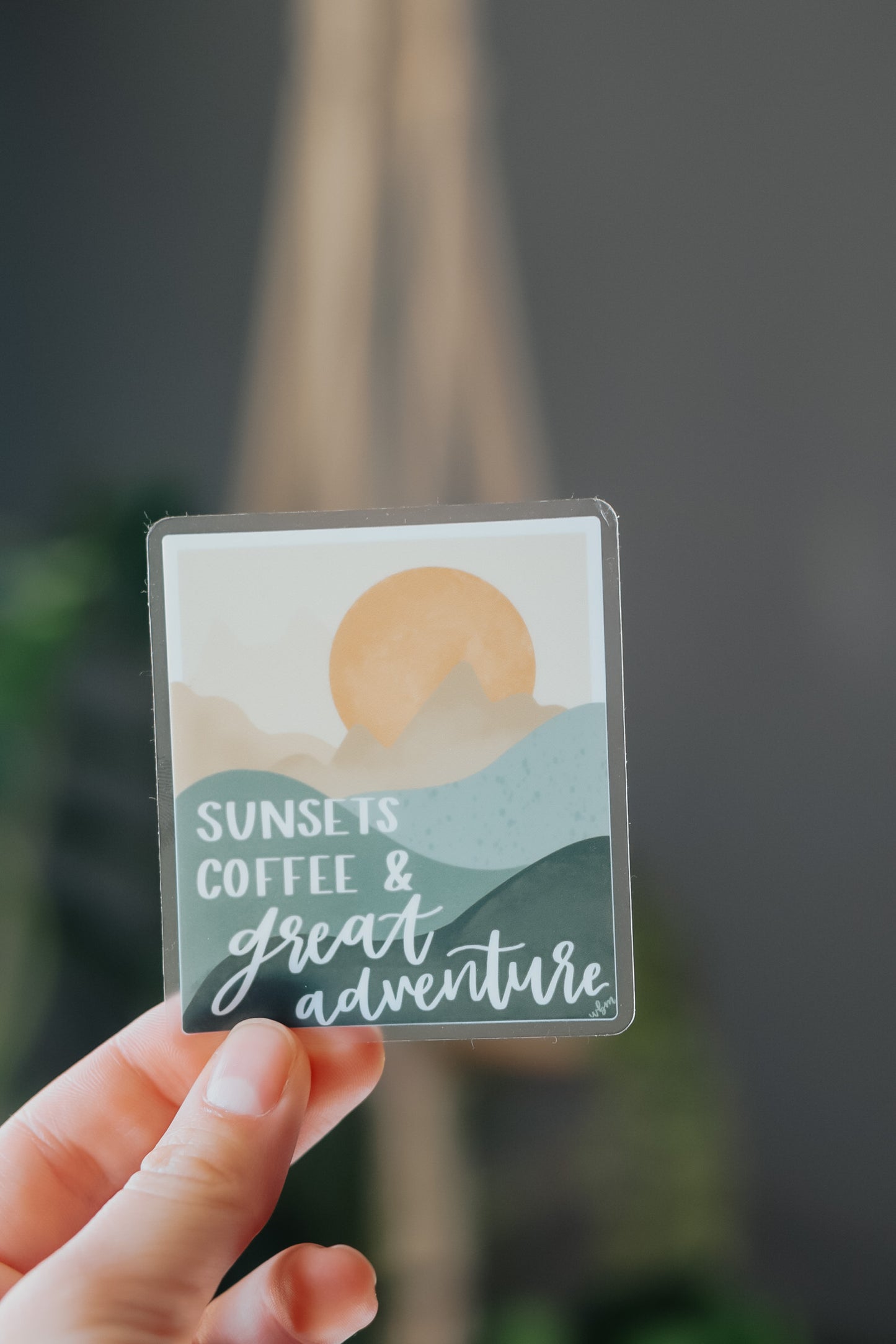 "Sunsets, coffee, and great adventure" 3 x 3 handlettered clear sticker